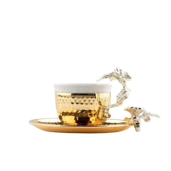 Bakır Kahve Fincanı Porselen Kahve Fincanı Nikel Japon Gülü 2'li Kahve Fincanı Altın - 2