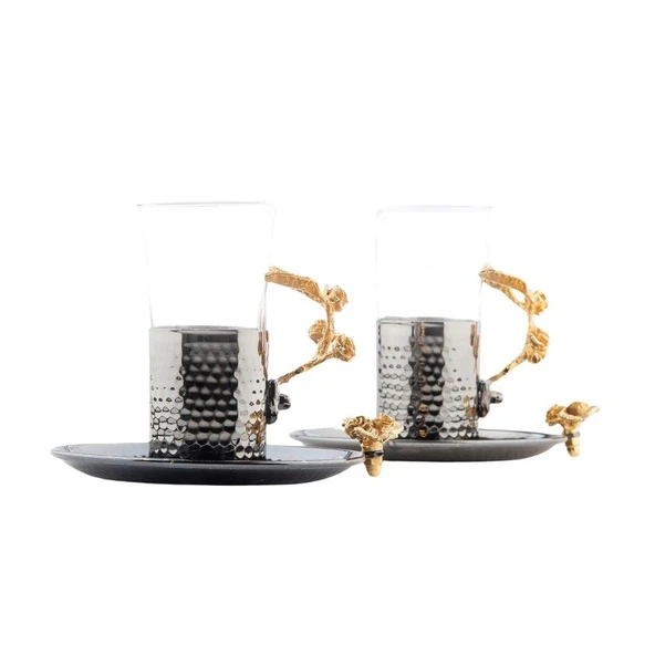 Bakır Çay Bardağı Cam Çay Bardağı Altın Güllü 2'li Çay Bardağı Siyah