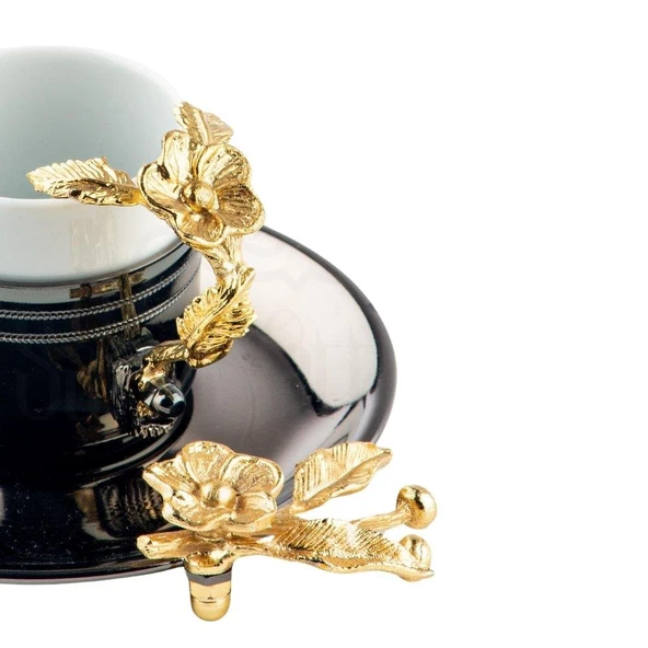 Bakır Kahve Fincanı Porselen Kahve Fincanı Altın Japon Gülü Çizgili 2'li Kahve Fincanı Siyah - Resim 2