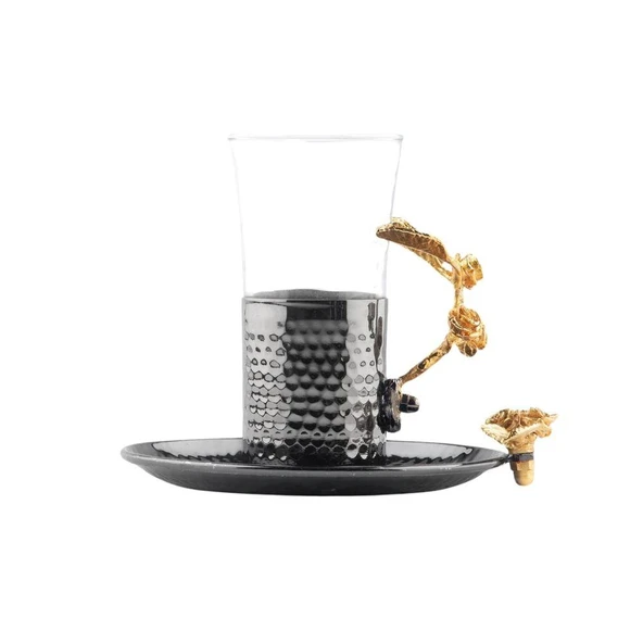 Bakır Çay Bardağı Cam Çay Bardağı Altın Güllü 2'li Çay Bardağı Siyah - 3