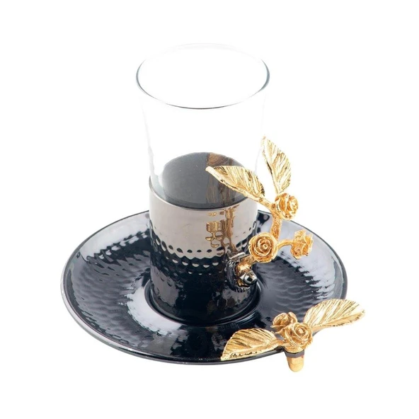 Bakır Çay Bardağı Cam Çay Bardağı Altın Güllü 2'li Çay Bardağı Siyah - 4