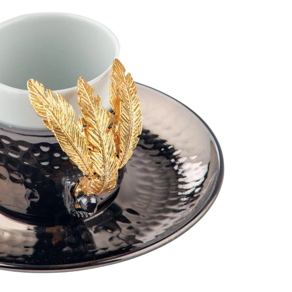 Bakır Kahve Fincanı Porselen Kahve Fincanı Altın Tüylü 2'li Kahve Fincanı Siyah - Resim 2