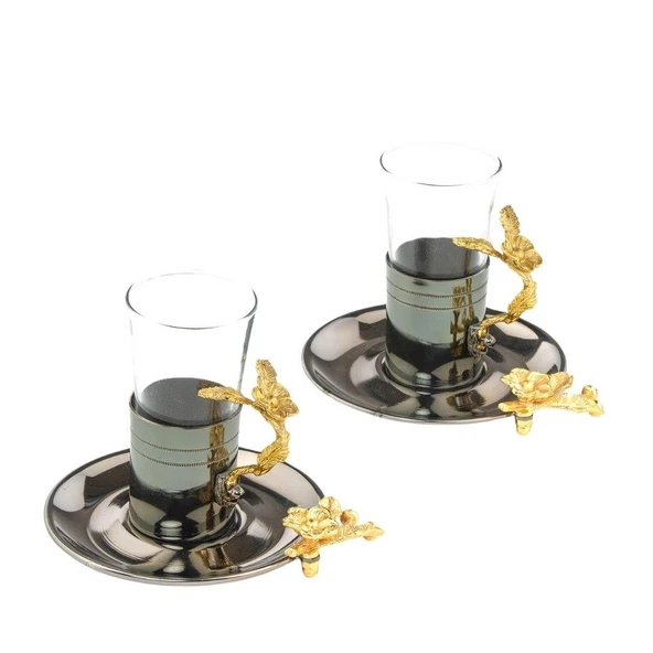 Bakır Çay Bardağı Cam Çay Bardağı Kahve Yanı Çay Bardağı Altın Japon Gülü 2'li Çay Bardağı Siyah