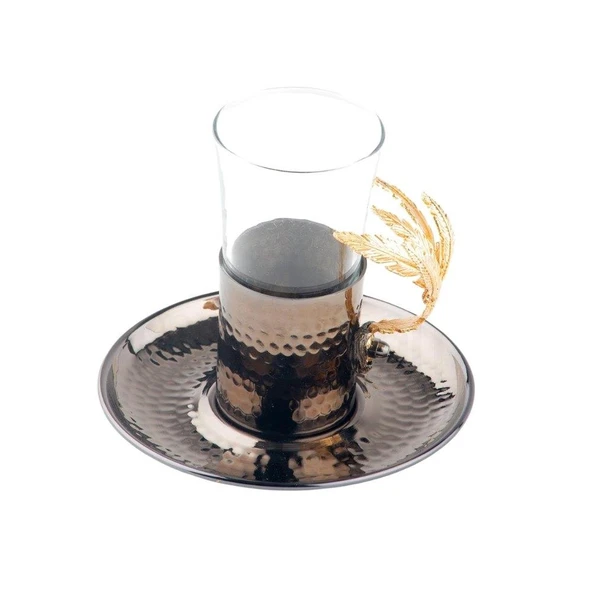 Bakır Çay Bardağı Cam Çay Bardağı Kahve Yanı Çay Bardağı Altın Tüylü Çay Bardağı Siyah - 2