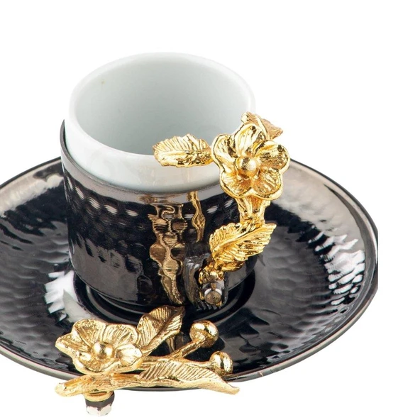 Kahve Fincanı Bakır Fincan Porselen Fincan Altın Japon Güllü Kahve Fincanı Siyah - Resim 2