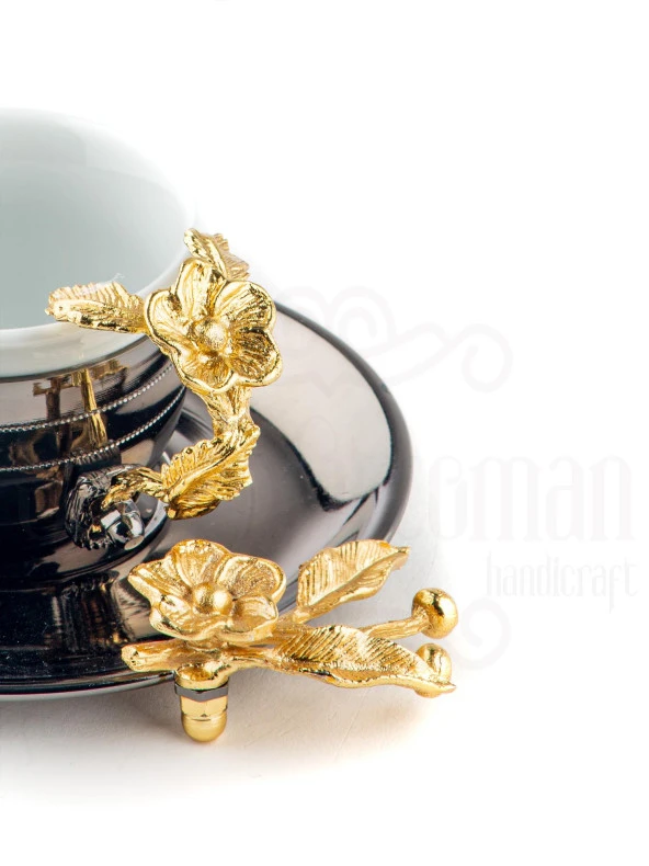 Altın Japon Gülü Çizgili Kahve Fincanı Siyah - Resim 3