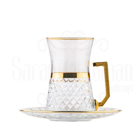 Bardak Çay Bardağı Çay Seti Çay Takımı Lux Heybeli Kulplu Çay Seti Bel Yaldız Altın - 2