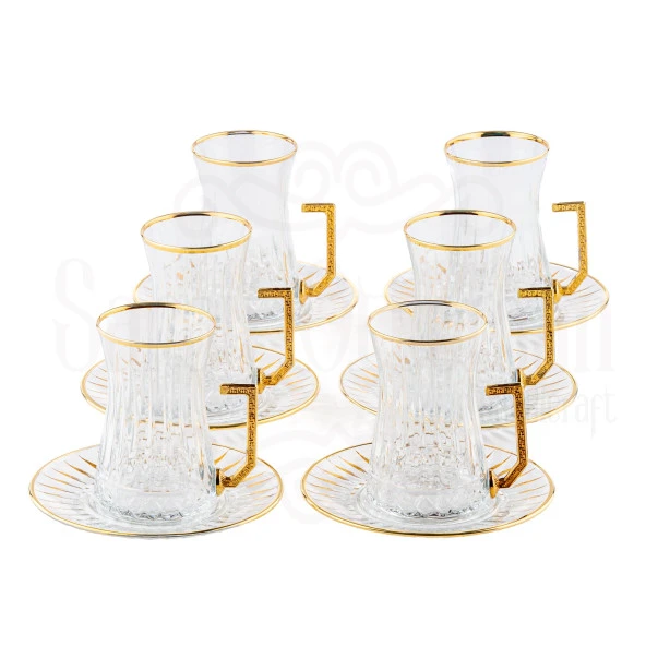Bardak Çay Bardağı Seti 6'lı Çay Seti Çay Takımı Lux Dik Çapraz Heybeli Kulplu Çay Seti İç Yaldız Altın