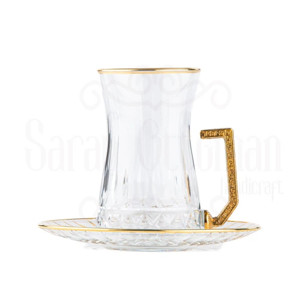 Bardak Çay Bardağı Seti 6'lı Çay Seti Çay Takımı Lux Dik Çapraz Heybeli Kulplu Çay Seti İç Yaldız Altın - 2