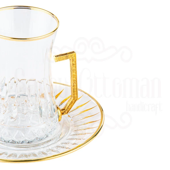 Bardak Çay Bardağı Seti 6'lı Çay Seti Çay Takımı Lux Dik Çapraz Heybeli Kulplu Çay Seti İç Yaldız Altın - 3