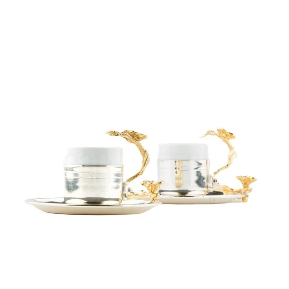 Bakır Kahve Fincanı Porselen Kahve Fincanı Altın Japon Gülü Çizgili 2'li Kahve Fincanı Nikel