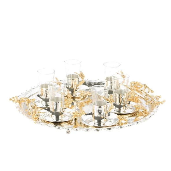 Altın Japon Gülü Yuvarlak Tepsi + 6'lı Çizgili Çay Bardağı Nikel