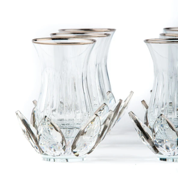 Çay Seti Cam El Dekor Nilüfer Model Gümüş Renk Yaldızlı - 2