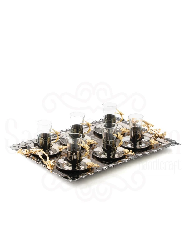 Altın Japon Gülü Dikdörtgen Tepsi + 6'lı Çizgili Çay Bardağı Siyah