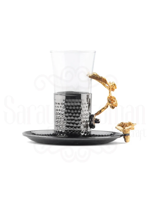 Altın Güllü Dikdörtgen Tepsi + 6'lı Çay Bardağı Siyah - 2