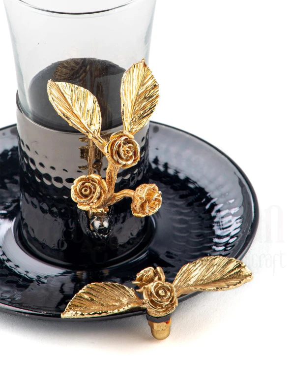 Altın Güllü Dikdörtgen Tepsi + 6'lı Çay Bardağı Siyah - 4