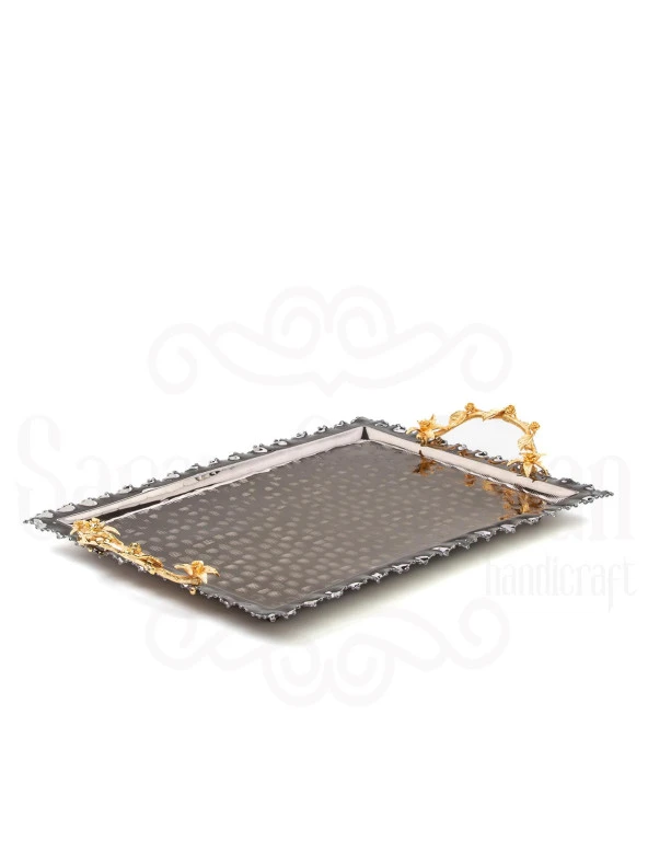 Altın Güllü Dikdörtgen Tepsi + 6'lı Çay Bardağı Siyah - 5