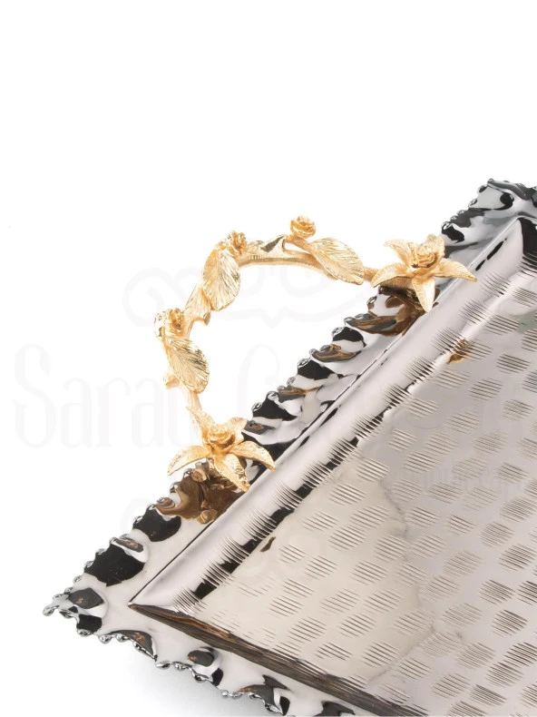 Altın Güllü Dikdörtgen Tepsi + 6'lı Çay Bardağı Siyah - 6