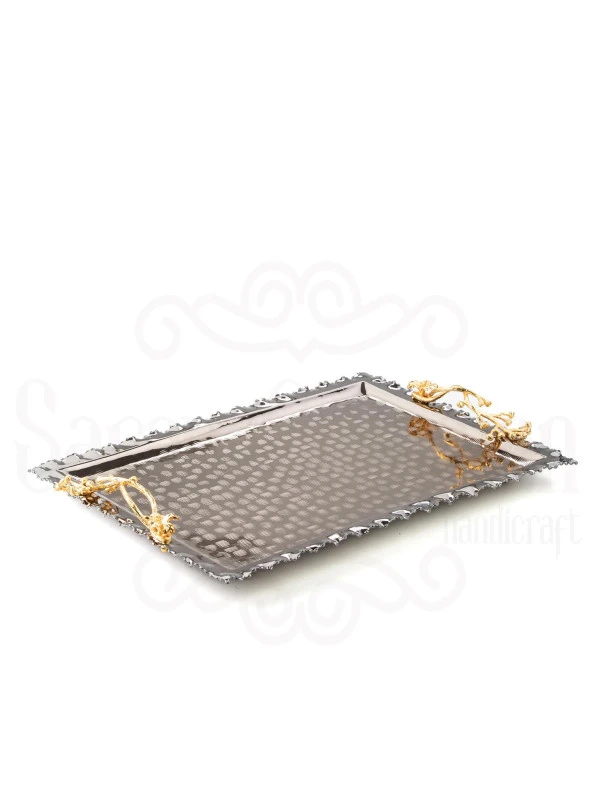 Altın Japon Gülü Dikdörtgen Tepsi + 6'lı Çizgili Çay Bardağı Siyah - 5