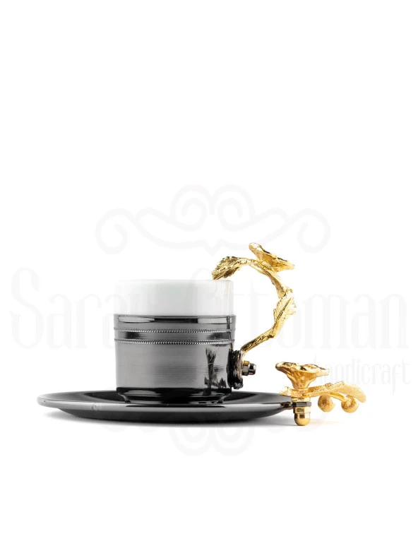 Altın Japon Gülü Yuvarlak Tepsi + 6'lı Çizgili Kahve Fincanı Siyah - Resim 2