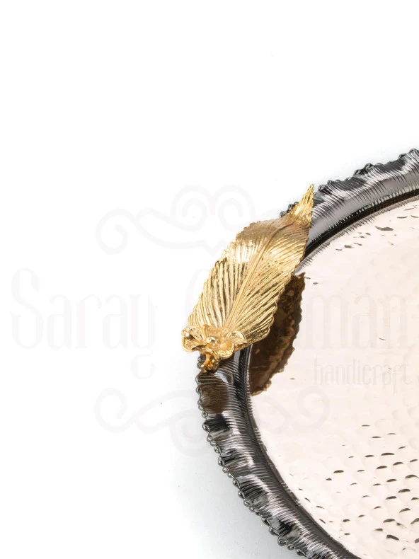 Altın Japon Gülü Yuvarlak Tepsi + 6'lı Çizgili Kahve Fincanı Siyah - Resim 6