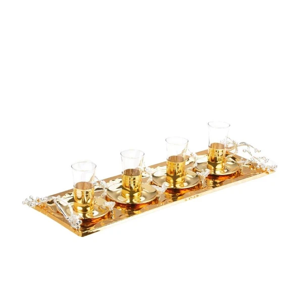 Nikel Japon Gülü Baton Tepsi + 4'lü Çizgili Çay Bardağı Altın