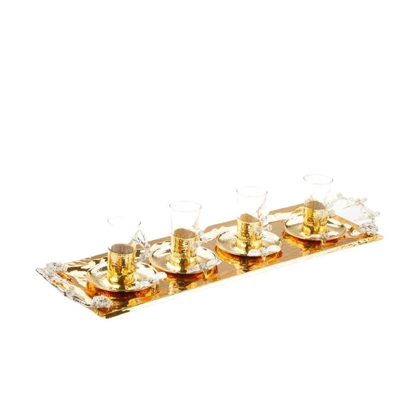 Nikel Güllü Baton Tepsi + 4'lü Çay Bardağı Altın