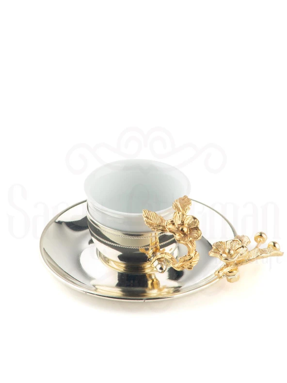 Altın Japon Gülü Yuvarlak Tepsi + 6'lı Çizgili Kahve Fincanı Nikel - 3