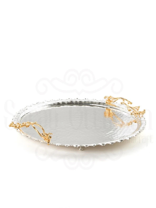 Altın Japon Gülü Yuvarlak Tepsi + 6'lı Çizgili Kahve Fincanı Nikel - 5