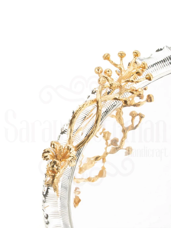 Altın Japon Gülü Yuvarlak Tepsi + 6'lı Çizgili Kahve Fincanı Nikel - 6