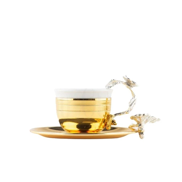 Nikel Japon Gülü Baton Tepsi + 4'lü Çizgili Kahve Fincanı Altın - Resim 2