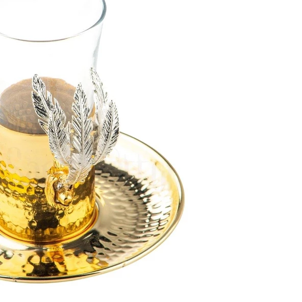 Nikel Tüylü Dikdörtgen Tepsi + 6'lı Çay Bardağı Altın - 3