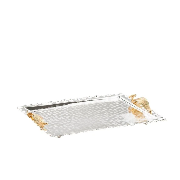 Altın Japon Gülü Dikdörtgen Tepsi + 6'lı Çizgili Çay Bardağı Nikel - 2