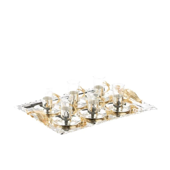 Altın Japon Gülü Dikdörtgen Tepsi + 6'lı Çizgili Çay Bardağı Nikel