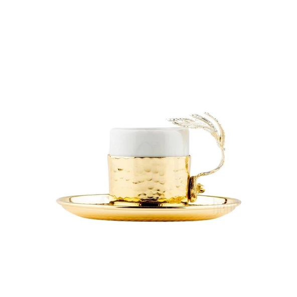 Nikel Tüylü Dikdörtgen Tepsi + 6'lı Kahve Fincanı Altın - 2