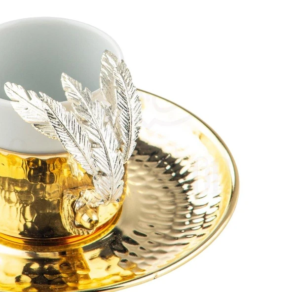 Nikel Tüylü Dikdörtgen Tepsi + 6'lı Kahve Fincanı Altın - 3