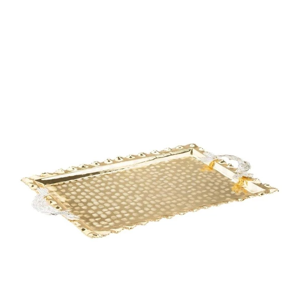 Nikel Tüylü Dikdörtgen Tepsi + 6'lı Çay Bardağı Altın - 2