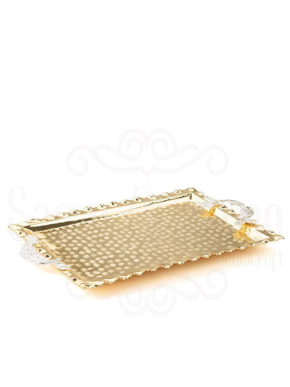 Nikel Tüylü Dikdörtgen Tepsi + 6'lı Kahve Fincanı Altın - 5