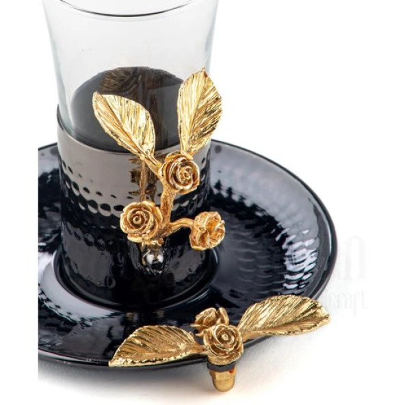 Bakır Çay Bardağı Cam Çay Bardağı Kahve Yanı Çay Bardağı Altın Güllü Çay Bardağı Siyah - 3