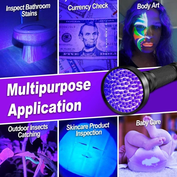 Valkyrie 100 LED 395nm Mor Işık UV El Feneri - Ultraviyole Siyah Fener - Ev Otel Evcil Hayvan Para - 6