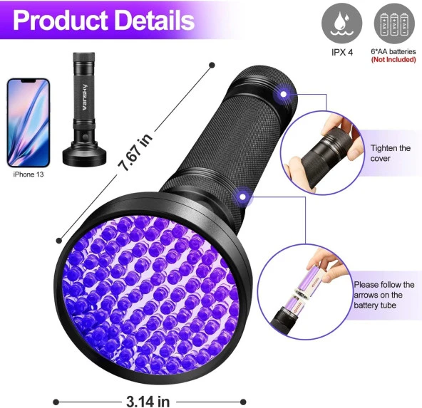 Valkyrie 100 LED 395nm Mor Işık UV El Feneri - Ultraviyole Siyah Fener - Ev Otel Evcil Hayvan Para - 7