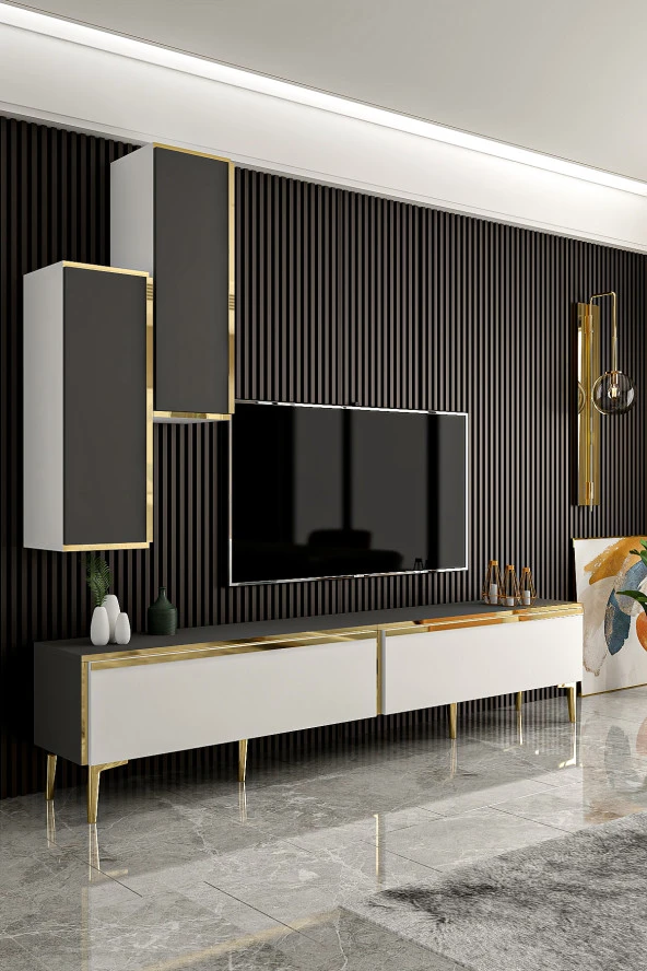 Givayo Mobilya Valeria Tv Ünitesi Altın Ayaklı Beyaz Antrasit