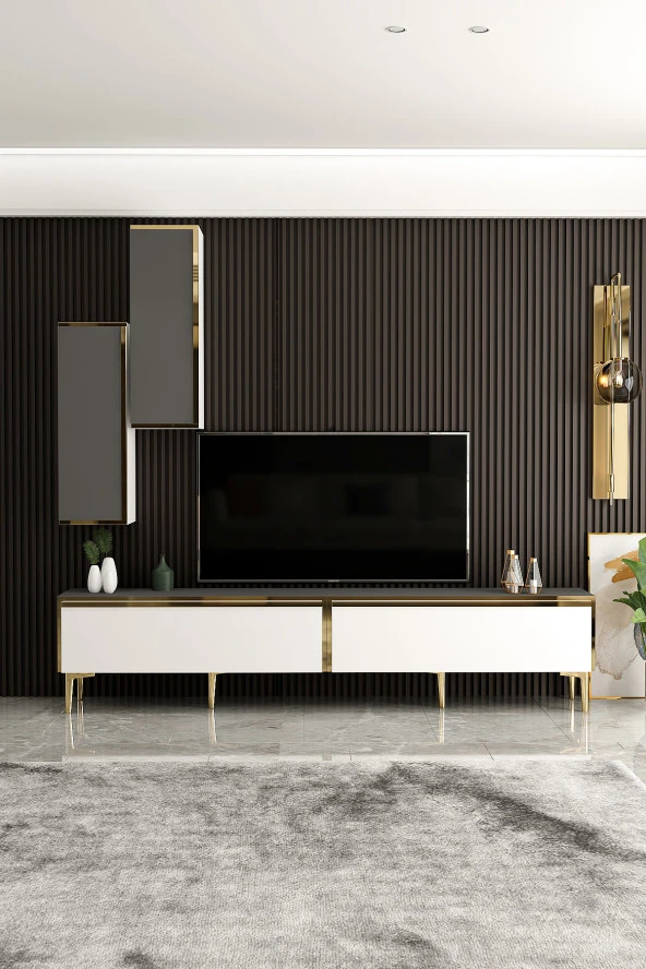 Givayo Mobilya Valeria Tv Ünitesi Altın Ayaklı Beyaz Antrasit - 2