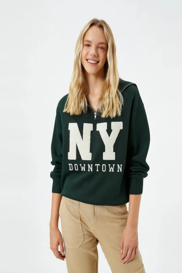 Koton Kadın Oversize Kolej Sweatshirt Yarım Fermuarlı İşlemeli Ribanalı