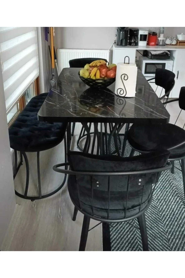 BY ORHAN GÜZEL Mutfak Masası Takımı, Salon Masa Takımı , 6 Kişilik Mutfak Masa Takımı Benchli Siyah Takım