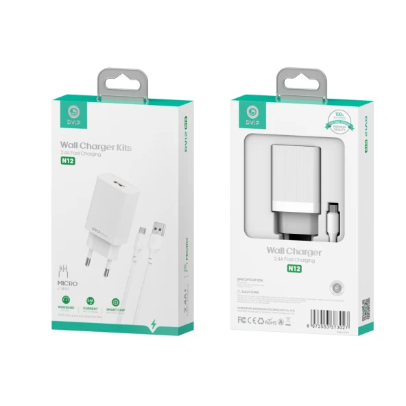 DVIP N12 2.4A UsbA to Micro Kablolu Hızlı Şarj Aleti Set Beyaz Akım Korumalı - 2