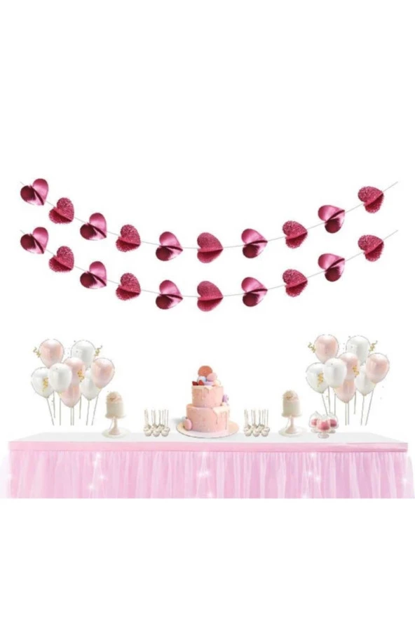 Kalp Süs 3 Boyutlu Sıralı Pembe 150 cm 2 li