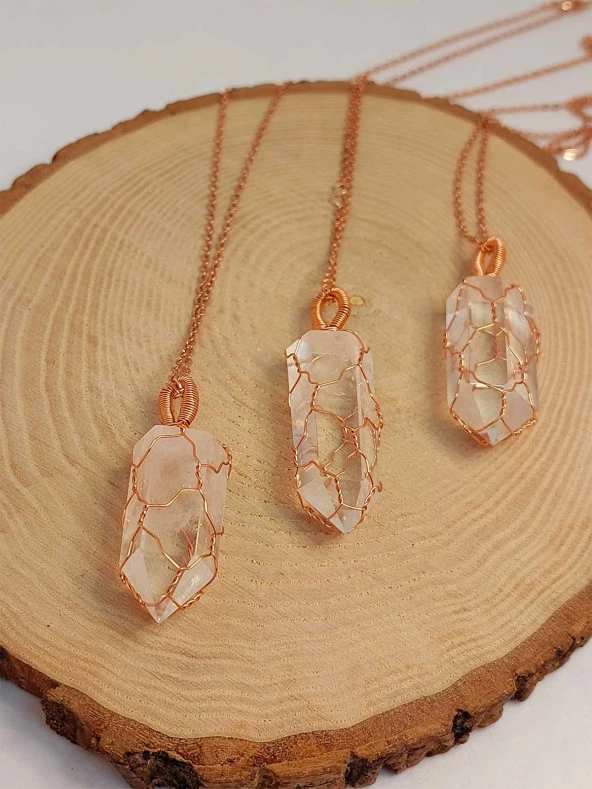 Kristal Kuvars Bakır Malzemeli El Örgüsü Özel Pandül Sarkaç (Kolye Ucu) - Resim 2