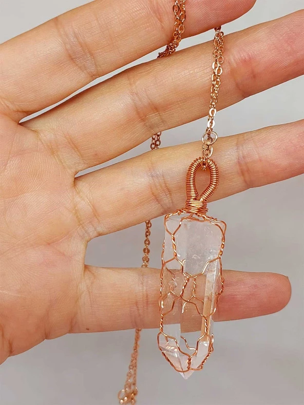 Kristal Kuvars Bakır Malzemeli El Örgüsü Özel Pandül Sarkaç (Kolye Ucu) - Resim 4