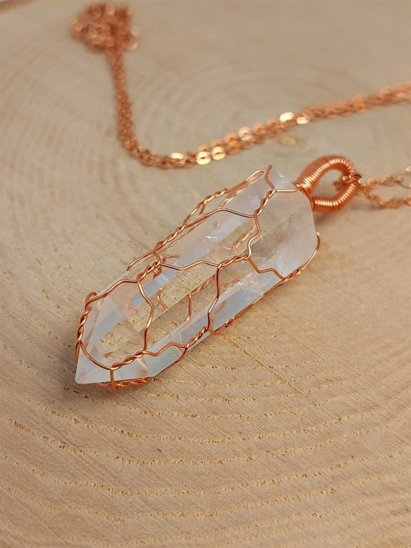 Kristal Kuvars Bakır Malzemeli El Örgüsü Özel Pandül Sarkaç (Kolye Ucu) - Resim 6